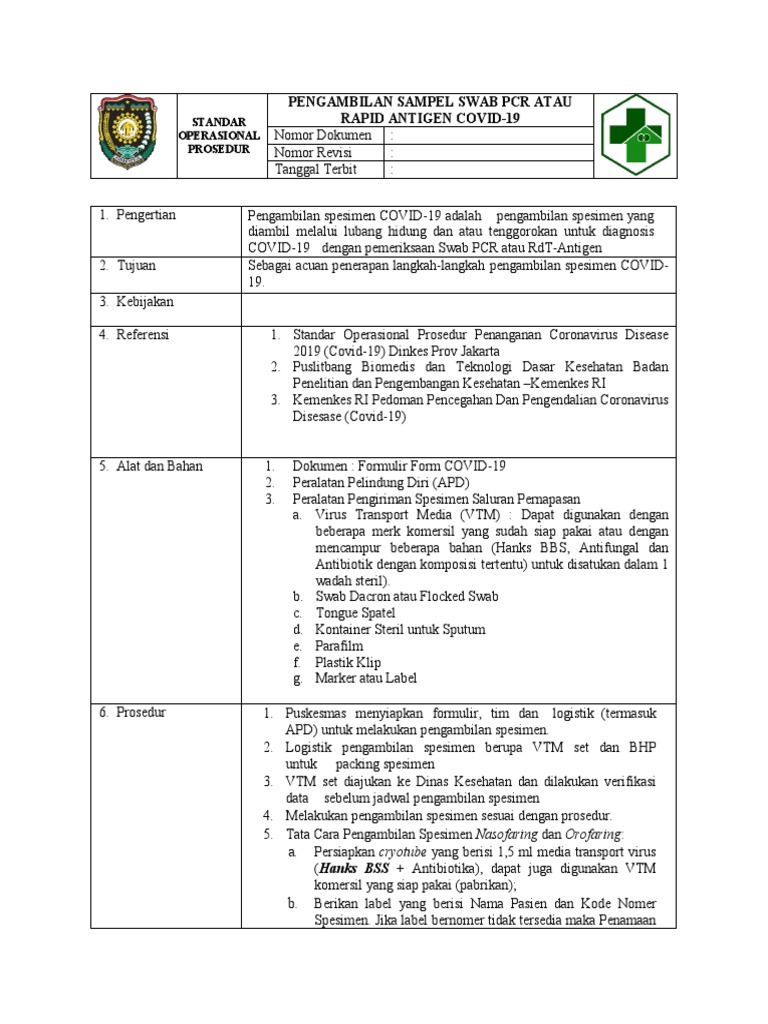 SOP Pengambilan Sampel Swab PCR Atau Rapid Antigen Covid-19 | PDF