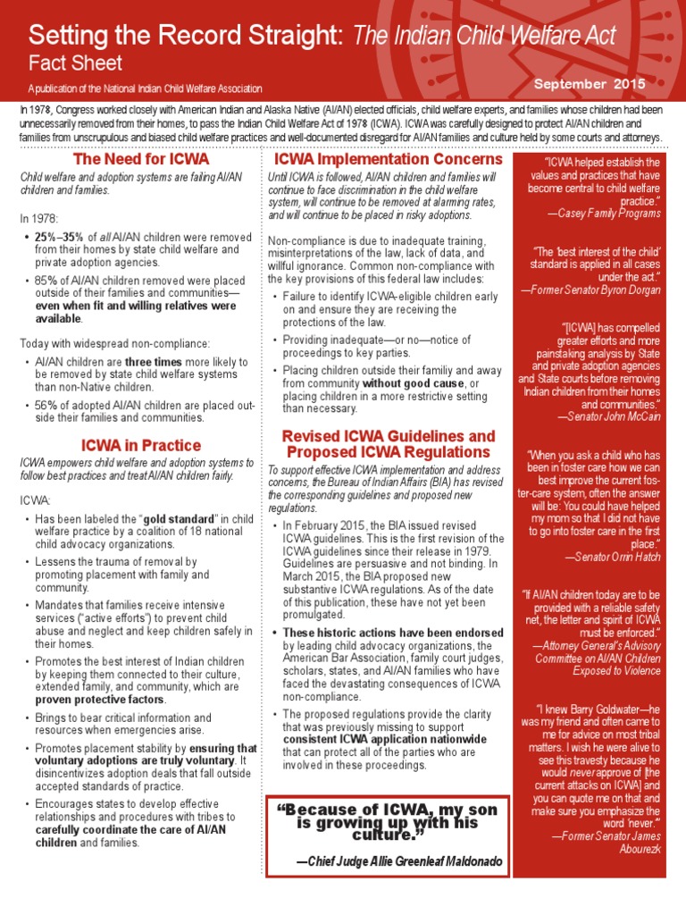 Fact Sheet: The Need For ICWA ICWA Implementation Concerns | PDF ...