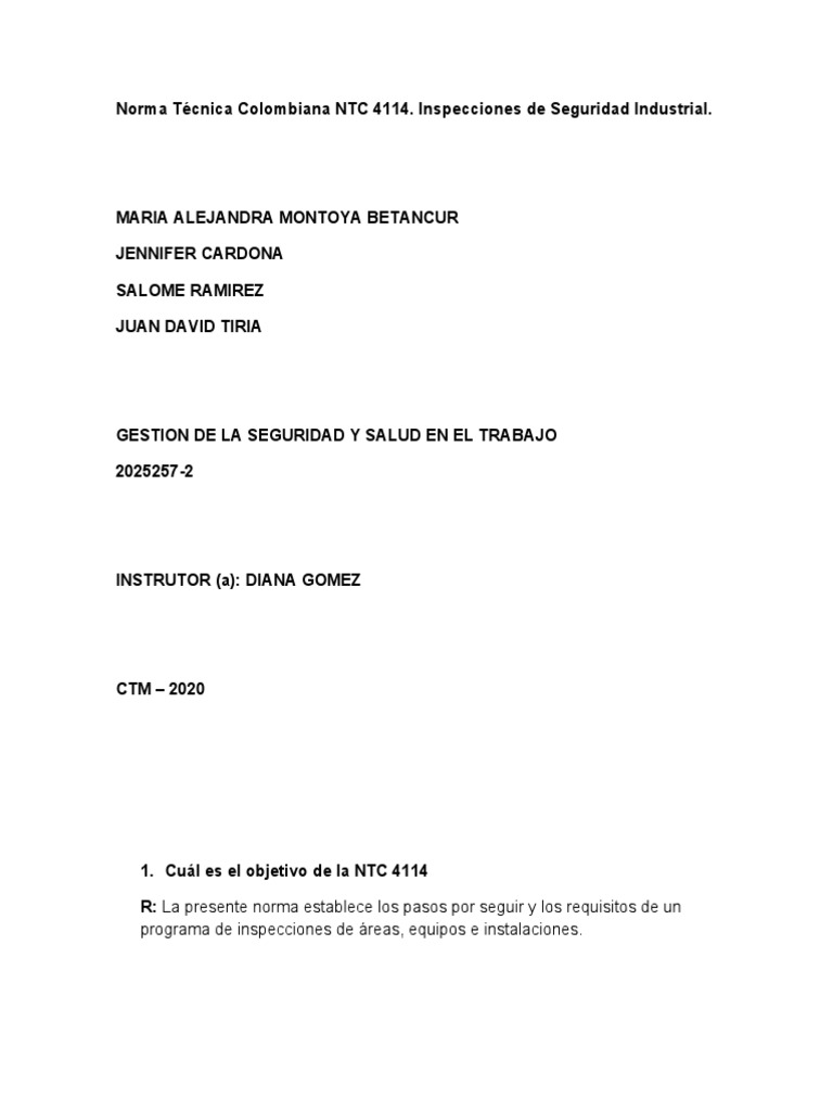 Inspecciones NTC 4114 en Seguridad Industrial | PDF | Seguridad y salud ...