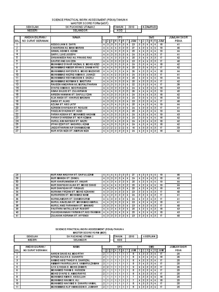 PEKA Tahun 4 Master Score Form | PDF