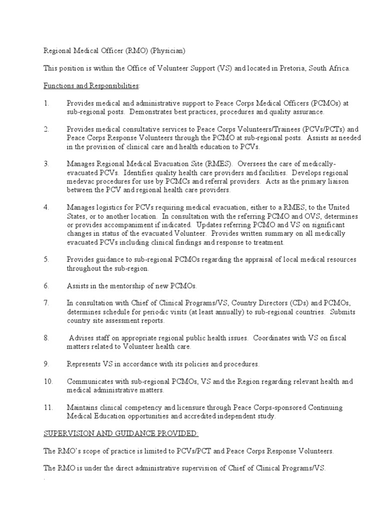 Regional Medical Officer Role Overview | PDF | Peace Corps | Health Care