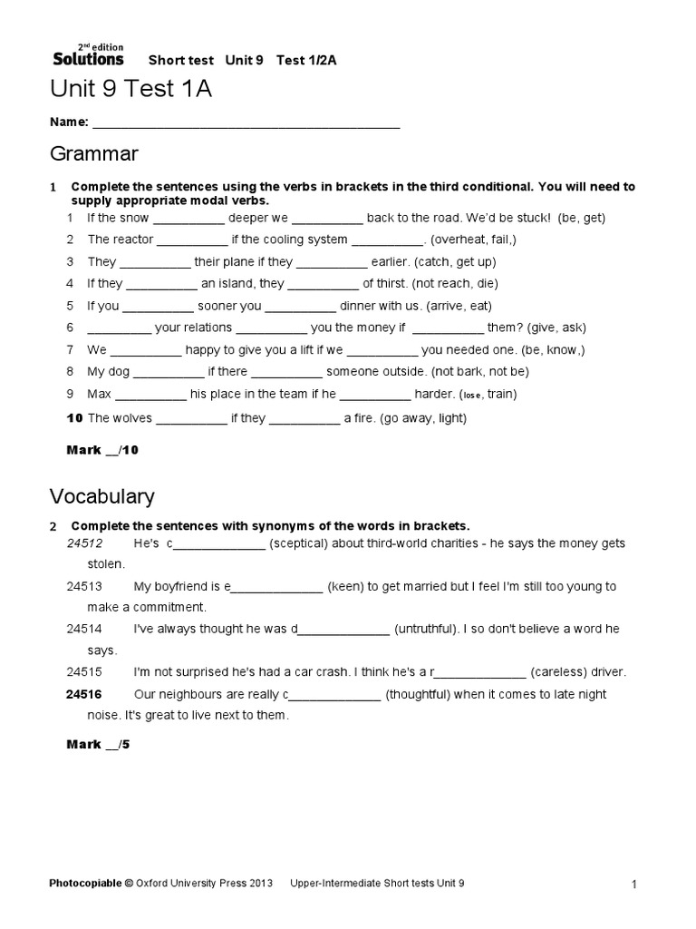 Upp-Int Short Tests Unit 09 1A 2A | PDF | Linguistics