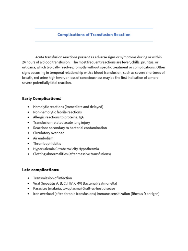Transfusion Reaction Complications Explained | PDF | Blood Transfusion ...