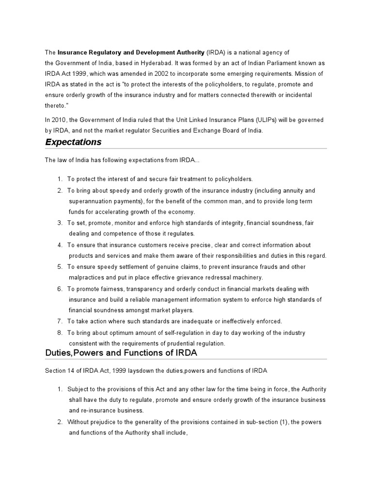 Expectations Duties, Powers and Functions of IRDA PDF Insurance Business Law