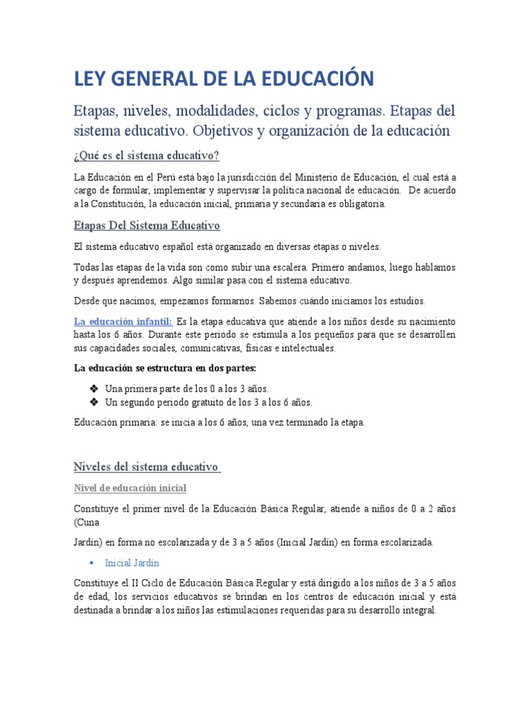 Ley General de La Educación | PDF | Educación primaria | Educación de ...