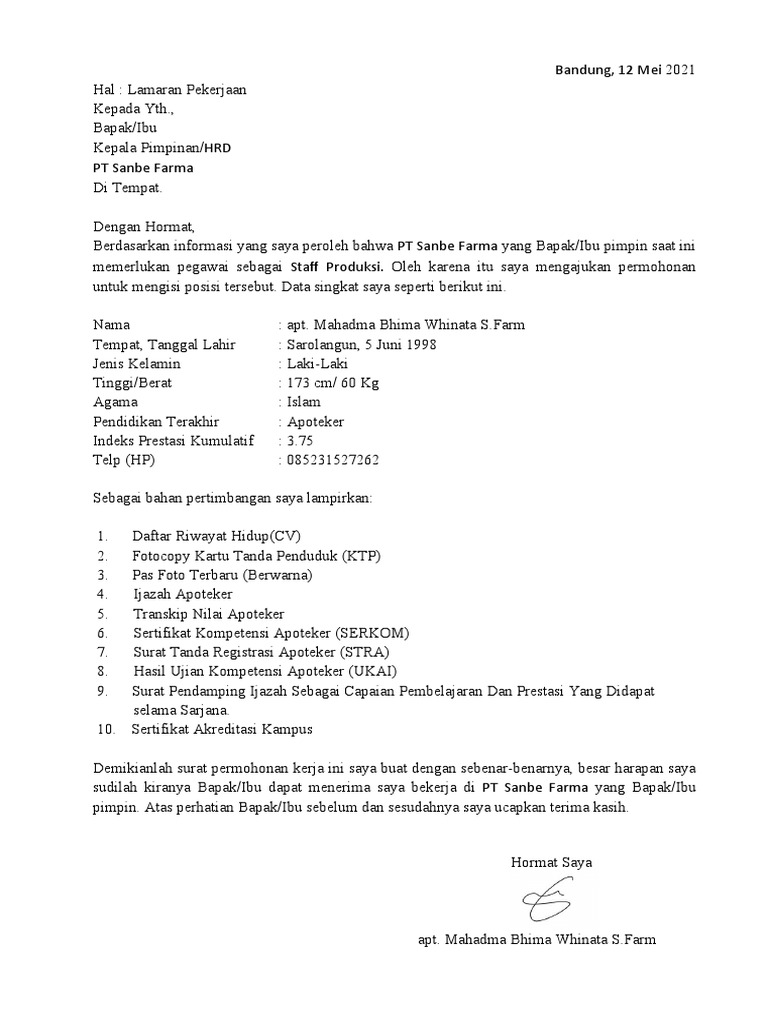 Surat Lamaran PT Sanbe Farma | PDF
