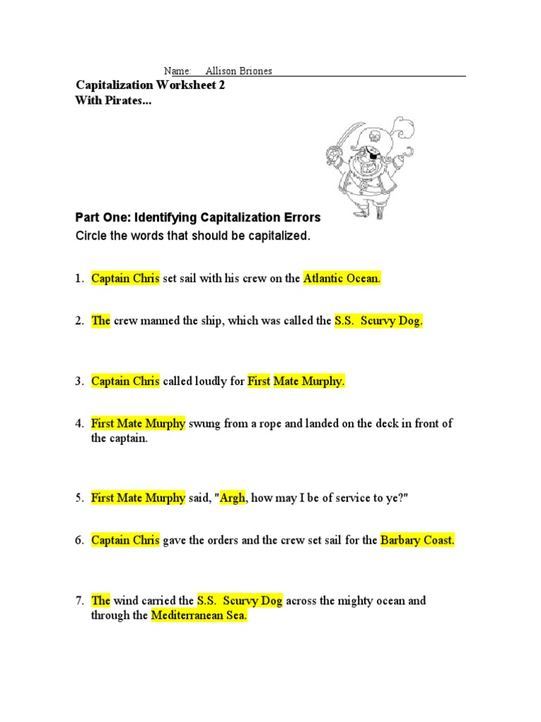 Capitalization Worksheet 2 With Pirates... : Name: - Allison Briones | PDF, image size:768x1024