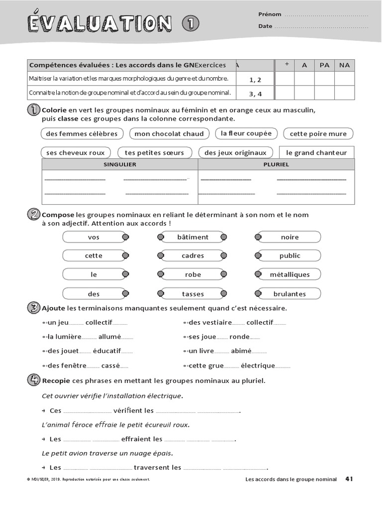 L accord Dans Le Groupe Nominal Exercices Corrigés FR Éval Avril21 Nettoyé | PDF | Genre grammatical | Nombre grammatical