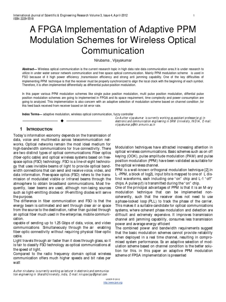 A FPGA Implementation of Adaptive PPM Modulation Schemes For Wireless