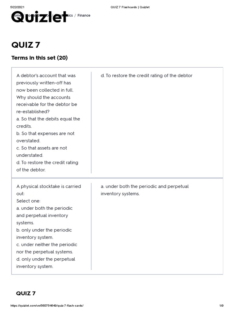 QUIZ 7 Flashcards Quizlet wk9 PDF Bad Debt Inventory
