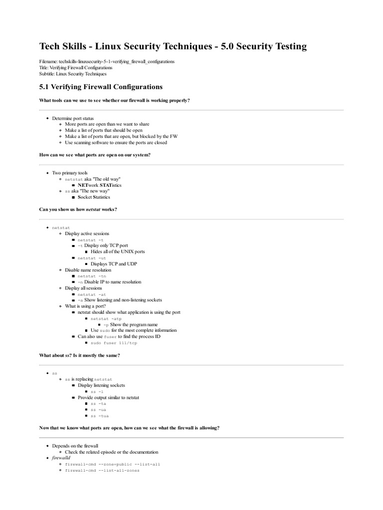 Techskills Linuxsecurity 5 1 Verifying - Firewall - Configurations | Pdf |  Port (Computer Networking) | Network Socket