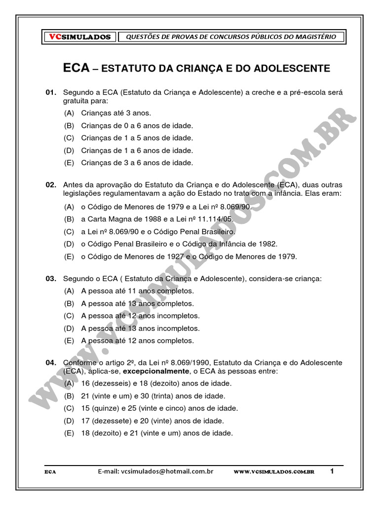 Prova Estatuto Da Criança e Do Adolescente | PDF | Adolescência ...