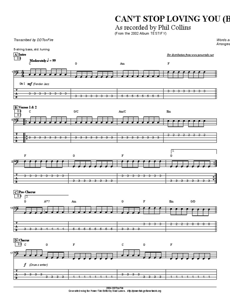Phil Collins - Cant Stop Loving You Bass | Download Free PDF | Popular