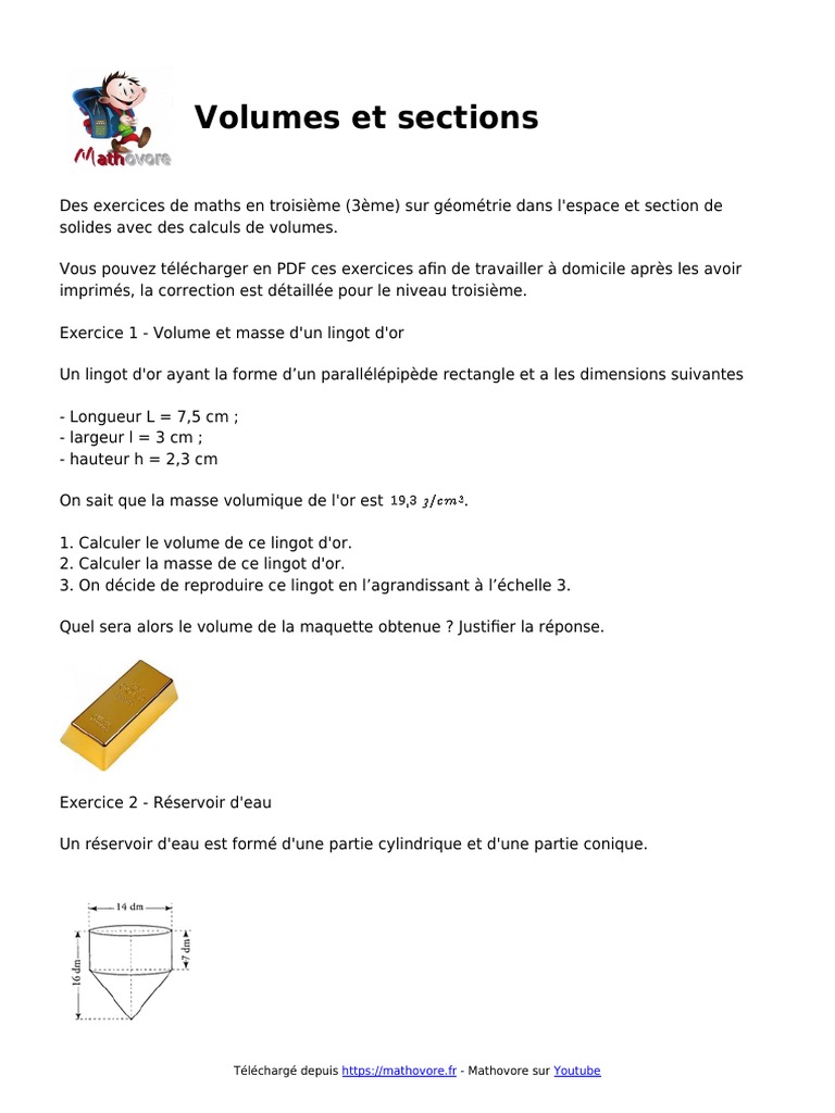 Sections De Solides 3ème Exercices Corrigés Pdf Volumes Et Sections Exercices de Maths Corriges en 3eme | PDF | Zone | Le  volume