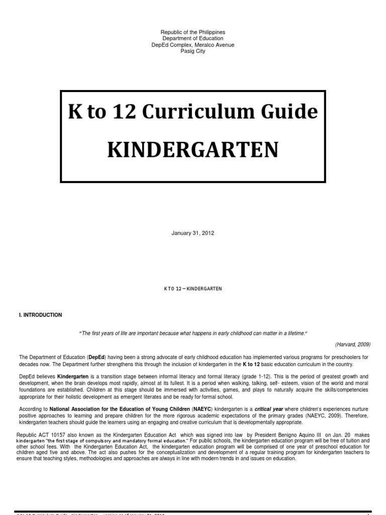 K To 12 Curriculum Guide: Kindergarten | PDF | Curriculum | Learning