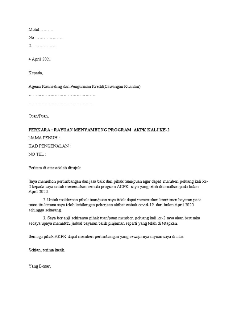 Contoh Surat Rayuan Akpk Pdf