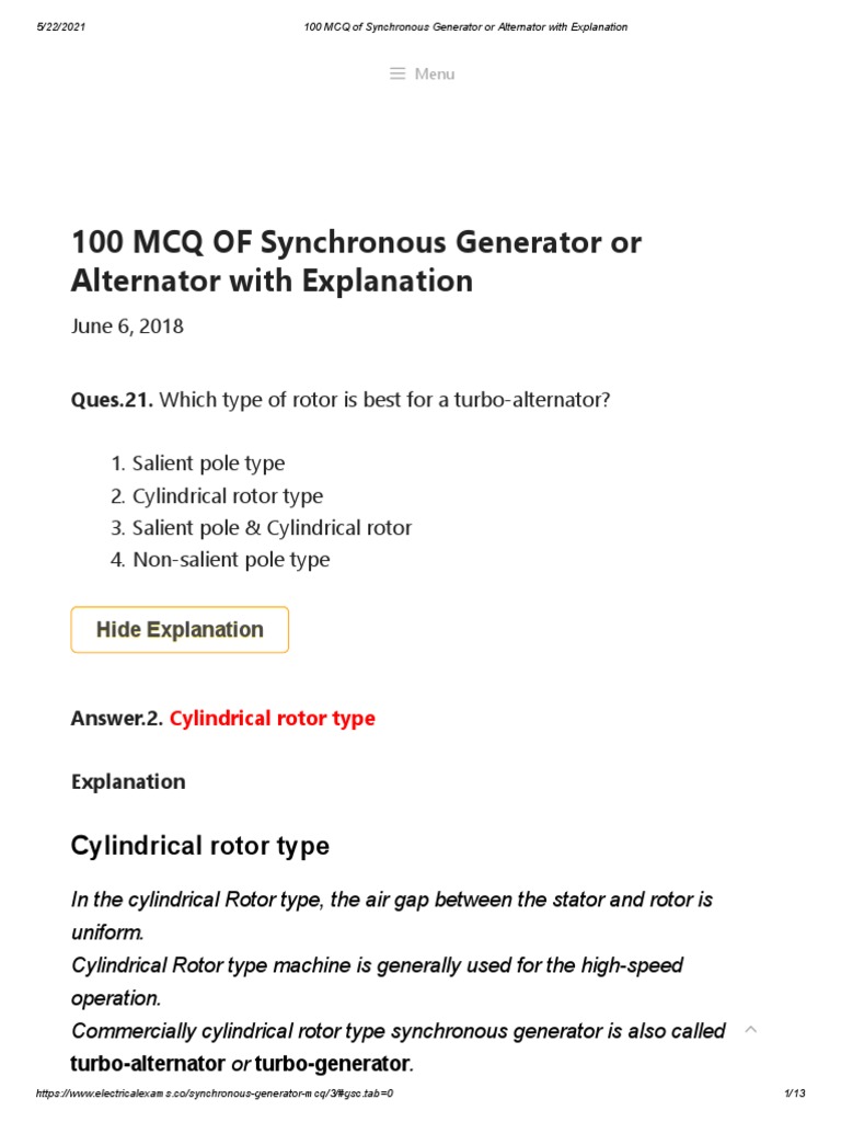 100 MCQ of Synchronous Generator or Alternator With Explanation PDF