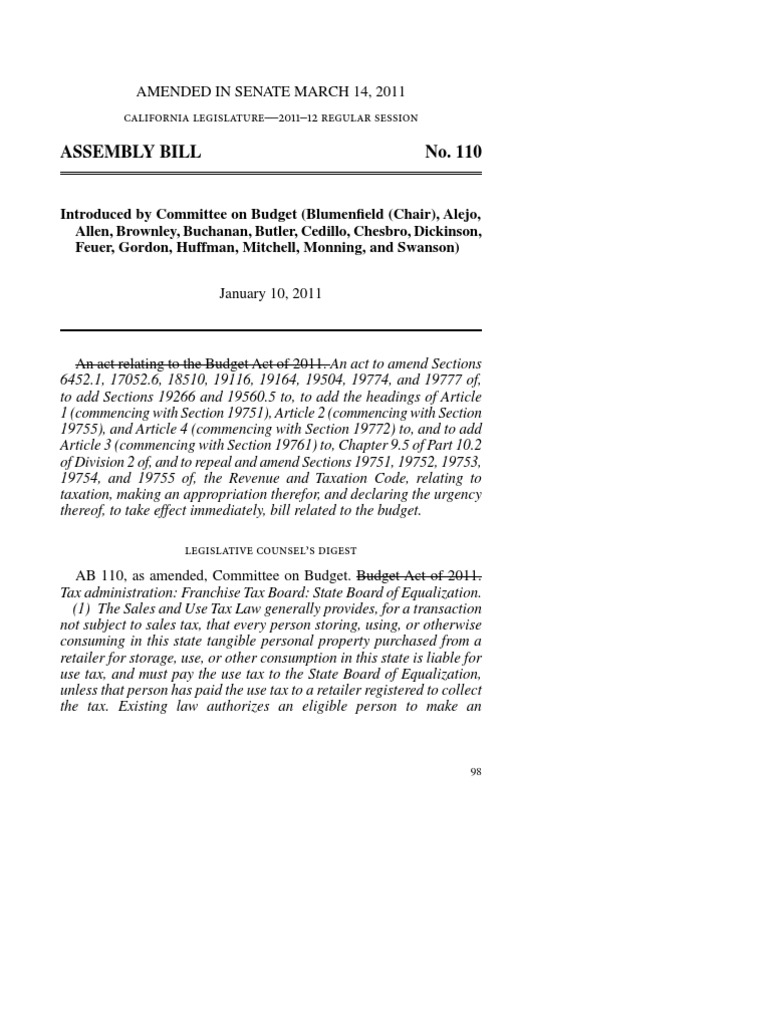 Assembly Bill No. 110 Amended in Senate March 14, 2011 PDF Use Tax