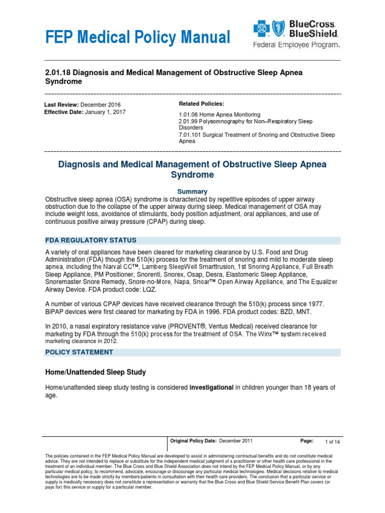 FEP Medical Policy Manual Diagnosis and Medical Management of