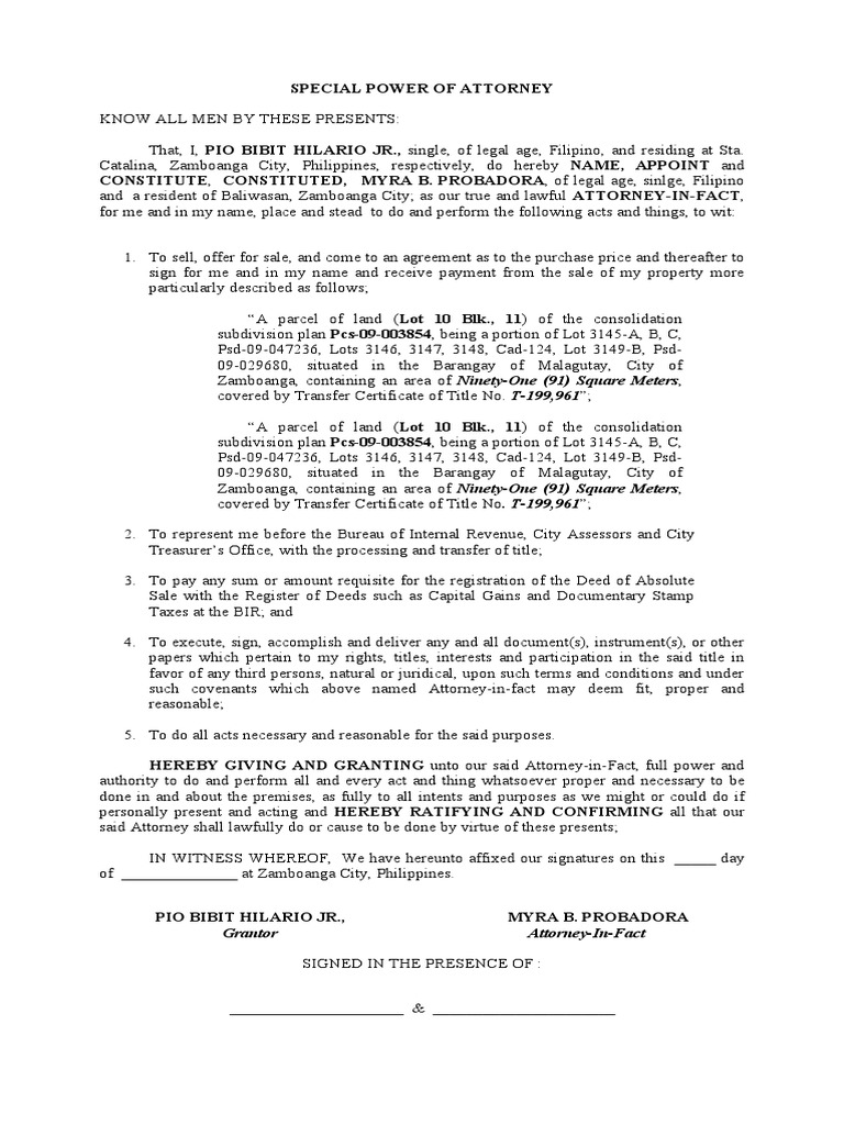 Special Power of Attorney Grantor AttorneyInFact PDF Power Of