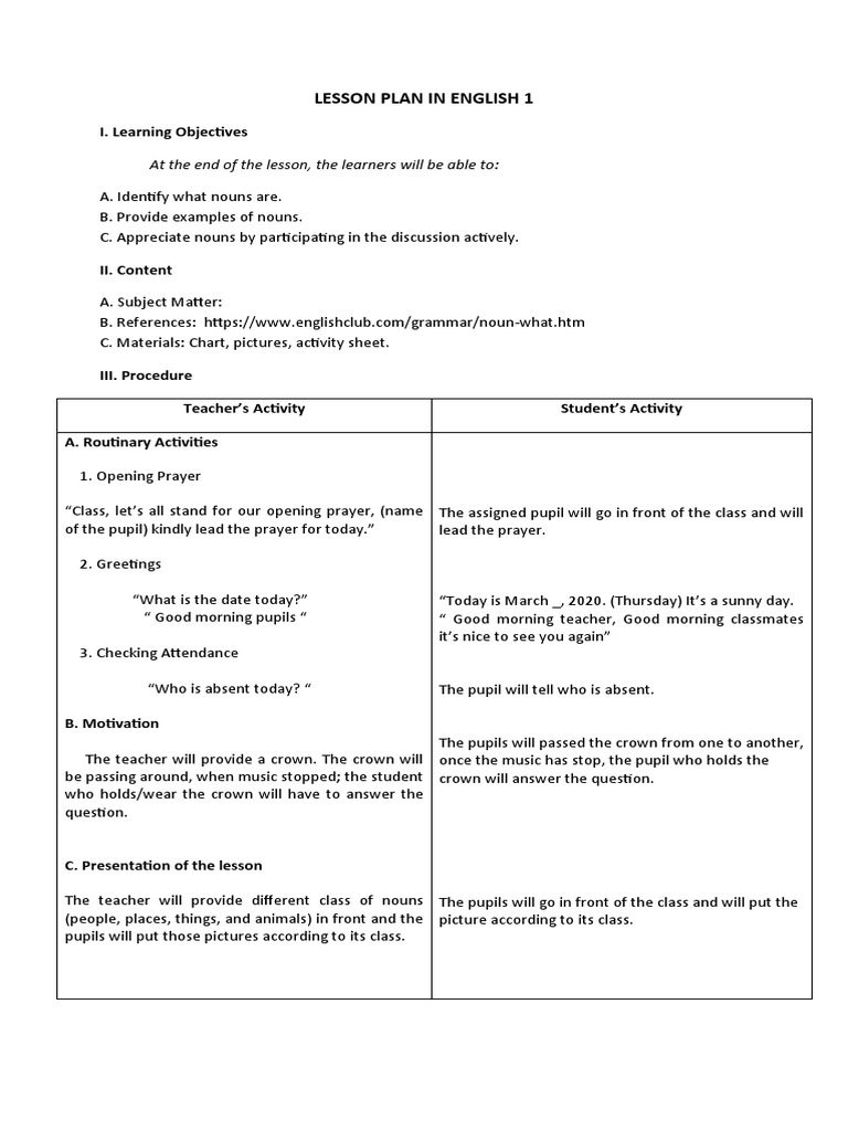 Noun Lesson Plan for English 1 | PDF | Lesson Plan | Education Theory