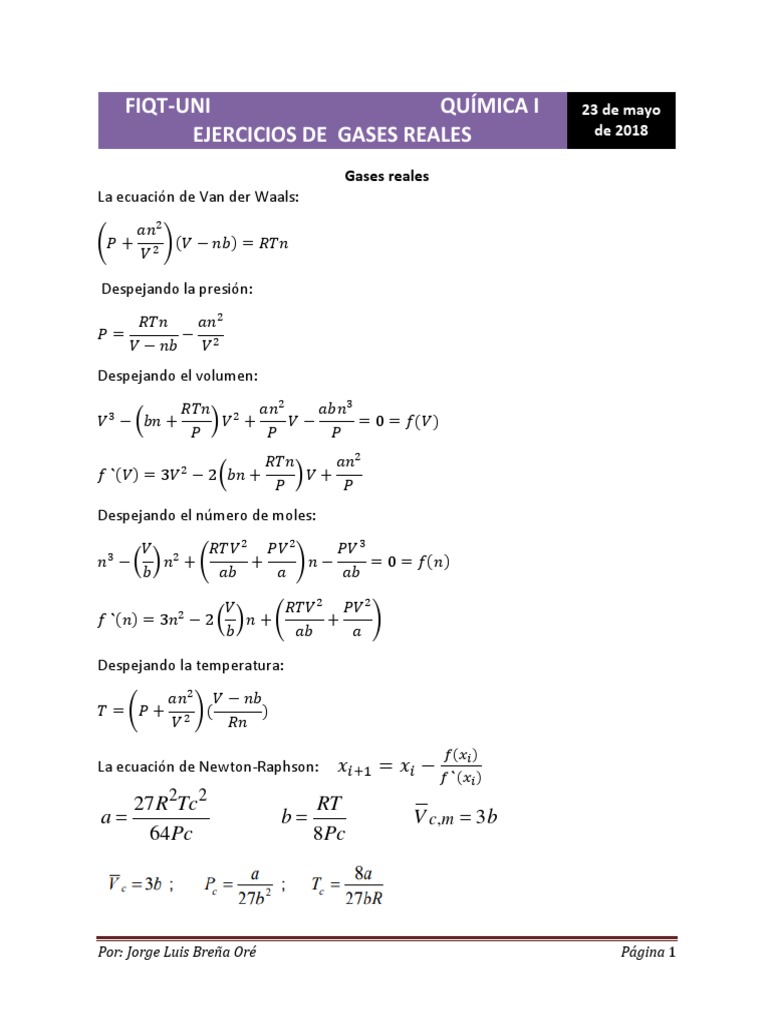 Ejercicios de Gases Reales y Van der Waals | PDF | Gases | Mole (Unidad)