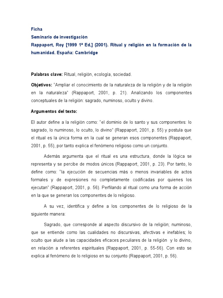 Ficha Rappaport, Roy (2001) - Ritual y Religión en La Formación de La ...