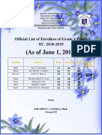 (As of June 1, 2018) : Official List of Enrollees of Grade 6 Pupils SY: 2018-2019