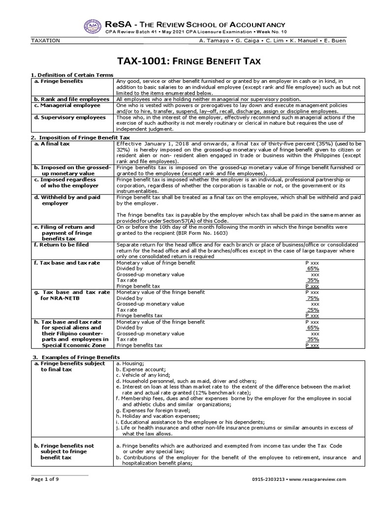 Fringe Benefit Tax PDF Employee Benefits Tax Exemption