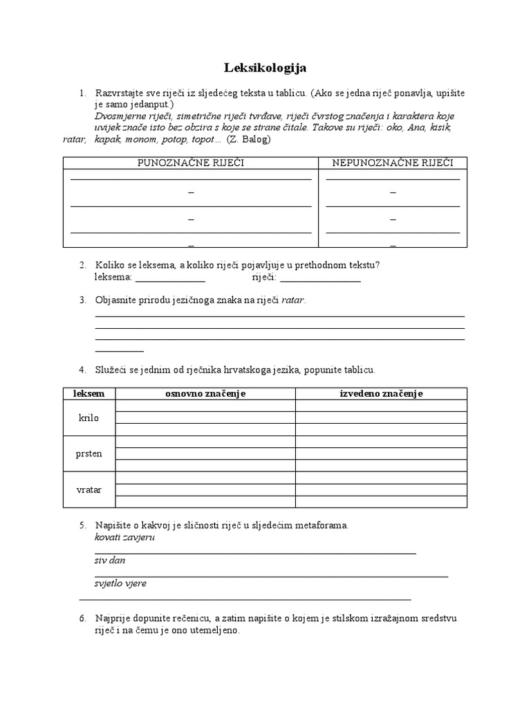 Leksikologija Vjezbe Pdf
