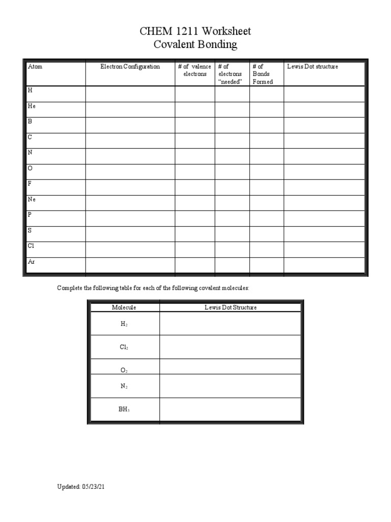 Covalent Bonds Worksheet  PDF Throughout Covalent Bonding Worksheet Answer Key