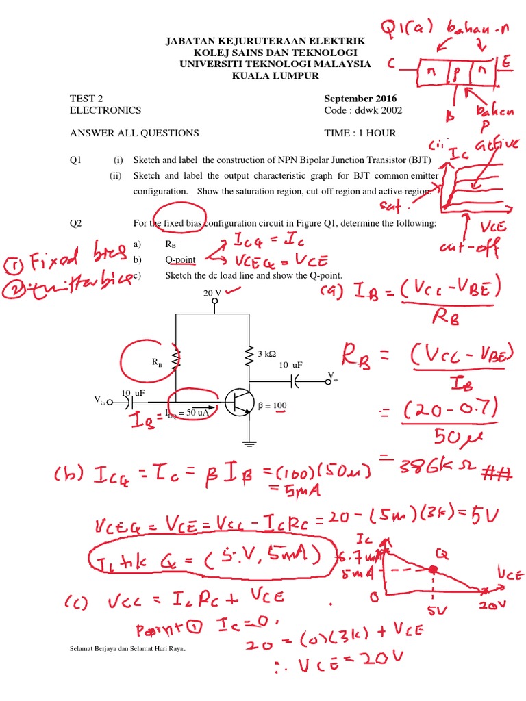 Test 2 Electronics Code DDWK 2002 Answer All Questions Time 1 Hour PDF Bipolar Junction