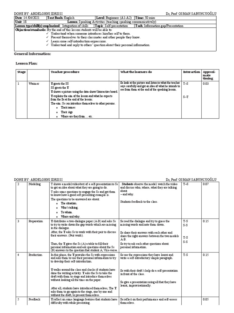 Beginner Self-Presentation Lesson Plan | PDF | Lesson Plan | Education ...
