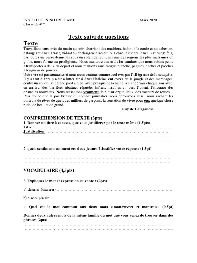 Devoir Commun 4ème Français Avec Correction TSQ 4ème | PDF | Mécanique du langage | Linguistique