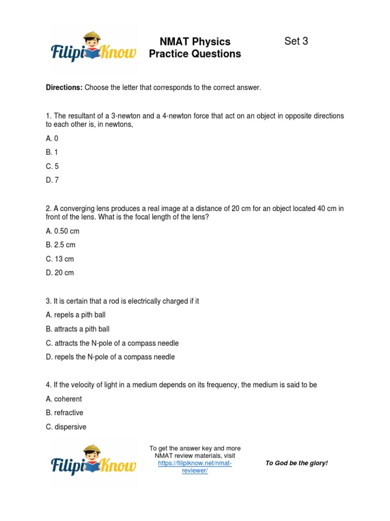 NMAT Physics Practice Questions Set 3 | PDF | Diffraction | Weight