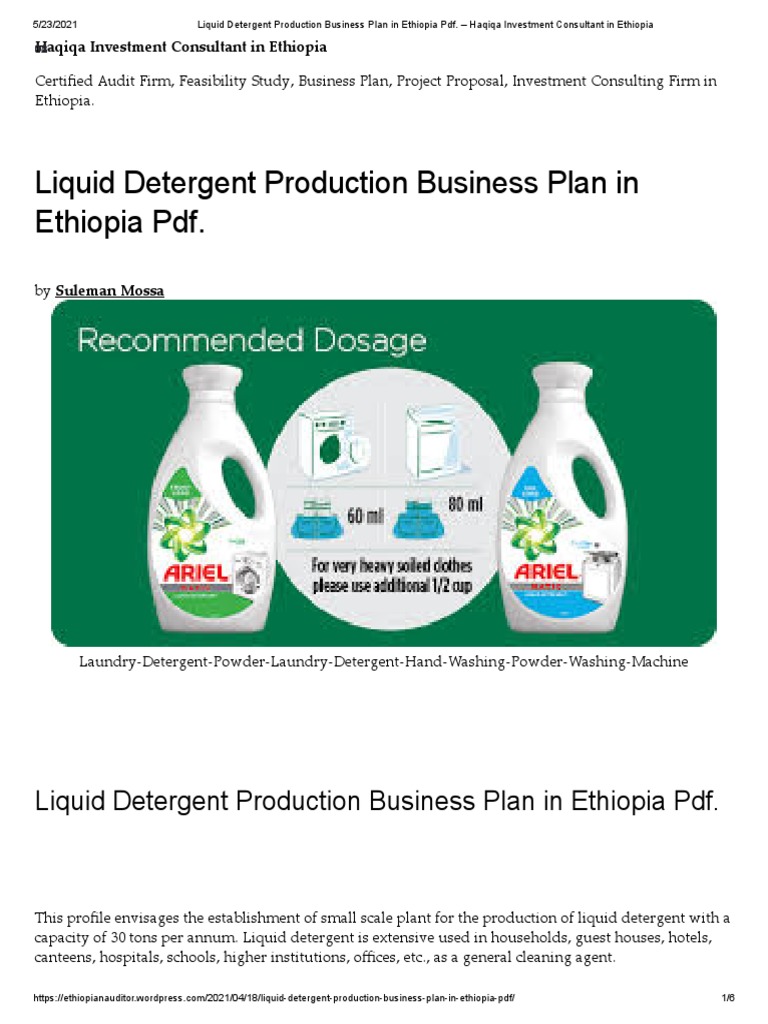 Liquid Detergent Production Business Plan in Ethiopia Pdf. Haqiqa Investment Consultant in