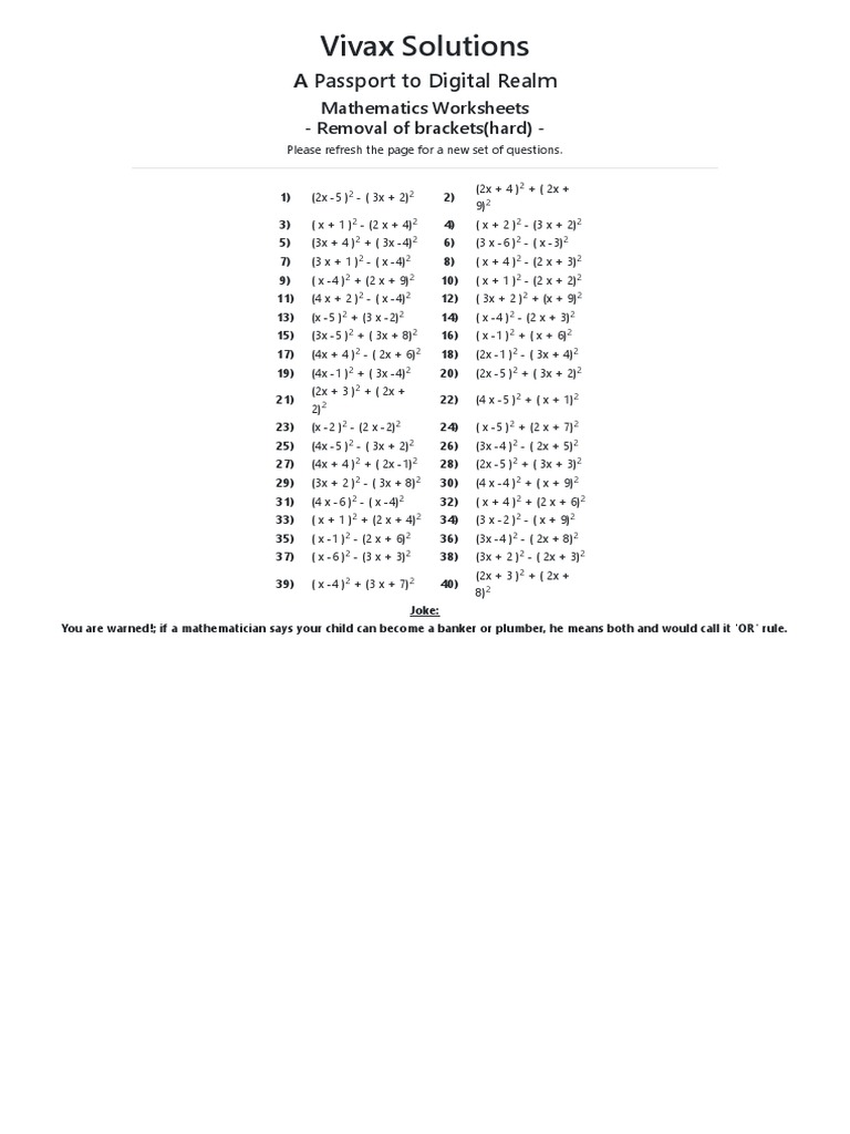 Algebra Worksheets Expanding Brackets Year 8 Math Worksheets