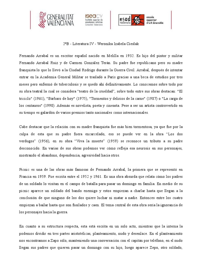 Comentario "Picnic" de Arrabal PDF