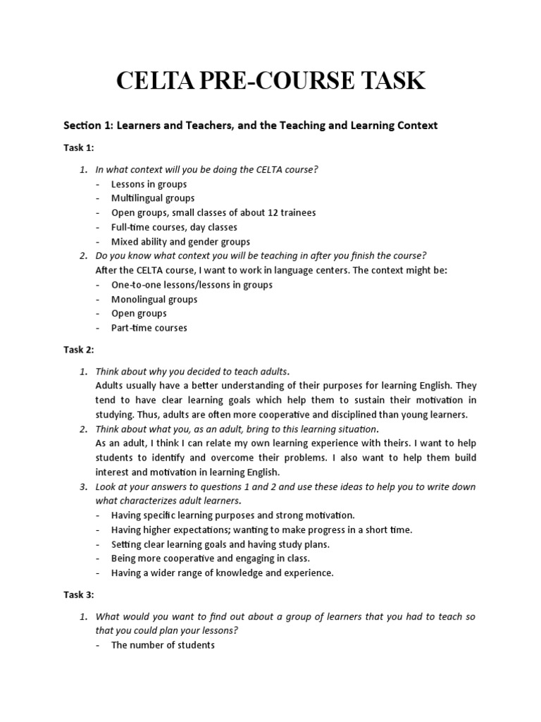 Celta 2021 Pre Cource Task Pdf Verb Teachers