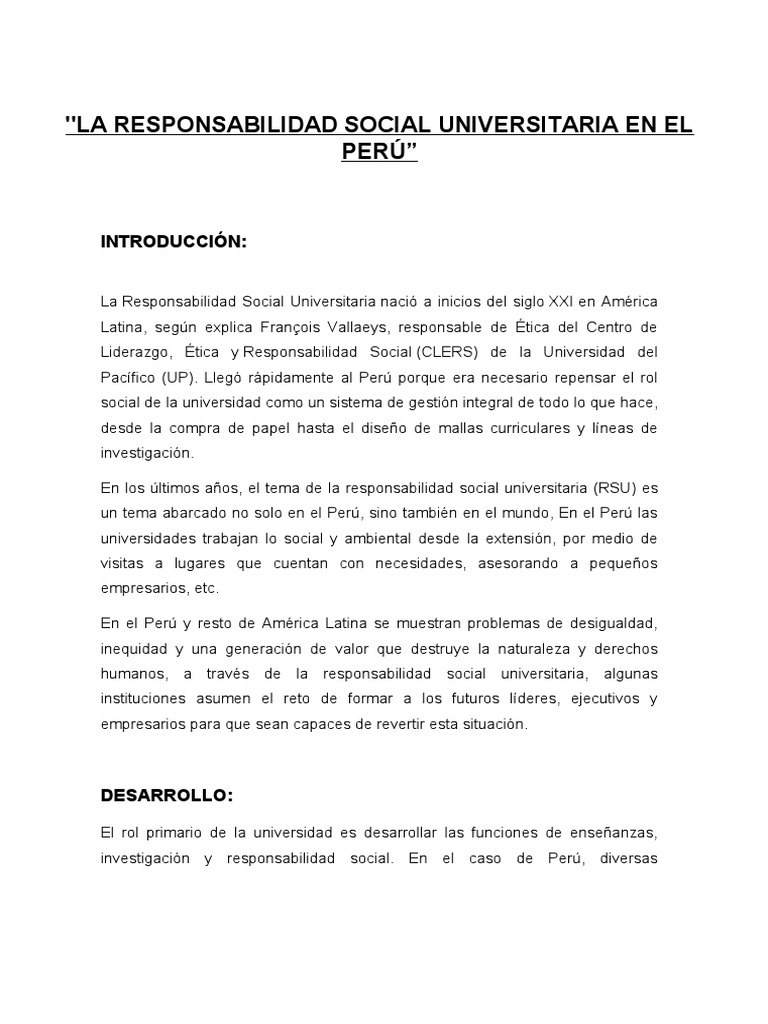 La Responsabilidad Social Universitaria En El Perú Pdf Perú