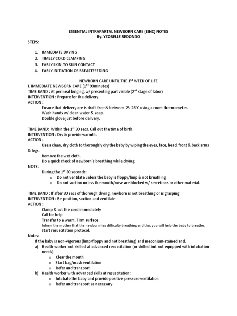 Essential Intrapartal Newborn Care (Einc) Notes By: Yzobelle Redondo ...