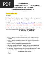 Assignment #01 Operators, Conditional Statements, Loops, Functions, Arrays, Pointers and Structures Object Oriented Programming - Lab