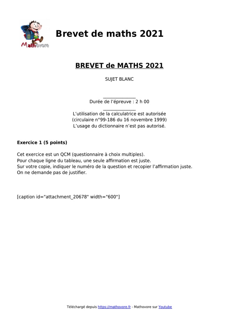 Sujet Brevet Maths 2021 Pdf Corrigé Brevet de Maths 2021 Sujet Blanc Pour Reviser | PDF | Triangle | Géométrie