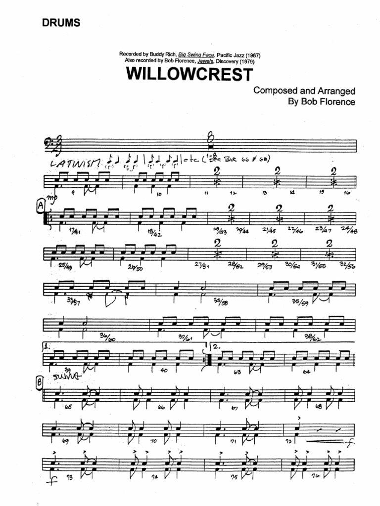 ビッグバンド楽譜「WILLOWCREST」BOB FLORENCE Willowcrest - Drums Big Band - Florence - Buddy Rich