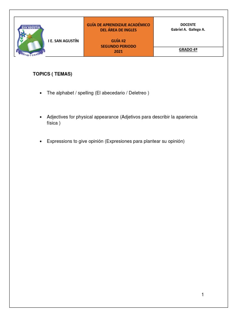Guía de Aprendizaje de Inglés 4º Grado | PDF | Informática y tecnología ...