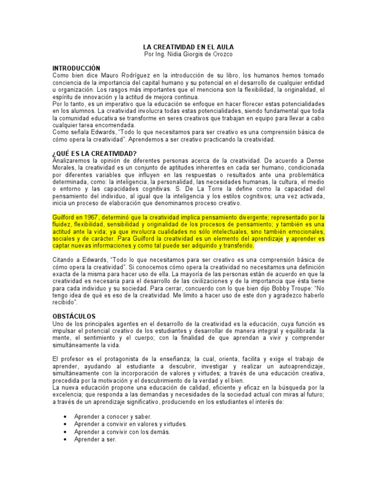 La Creatividad En El Aula Pdf Creatividad Inteligencia