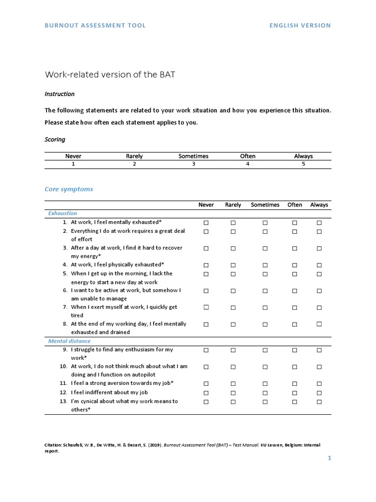 Burnout Assessment Tool (BAT) Manual | PDF | Occupational Burnout ...