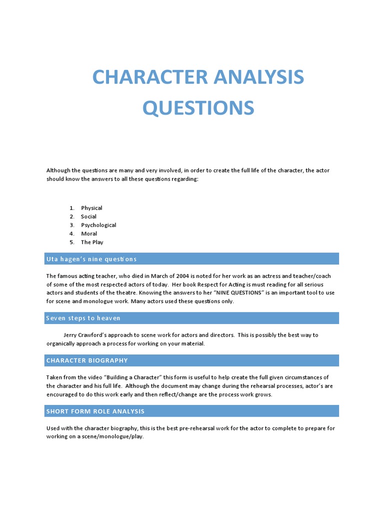 Character Analysis Questions PDF Actor Attitude (Psychology)