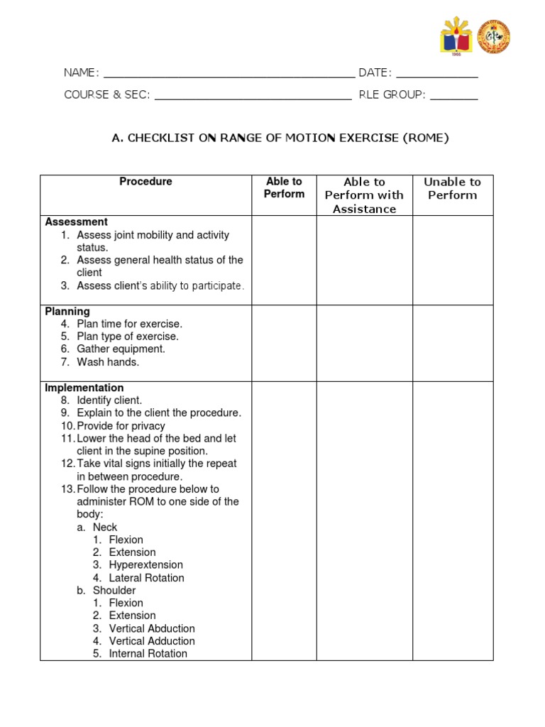 A. Checklist On Range of Motion Exercise (Rome) PDF Anatomical