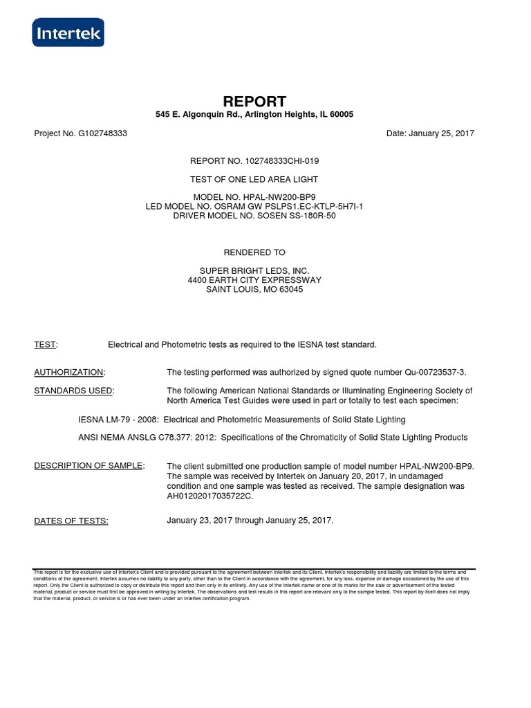 LED Area Light Test Report Summary | PDF | Psychophysics | Atomic